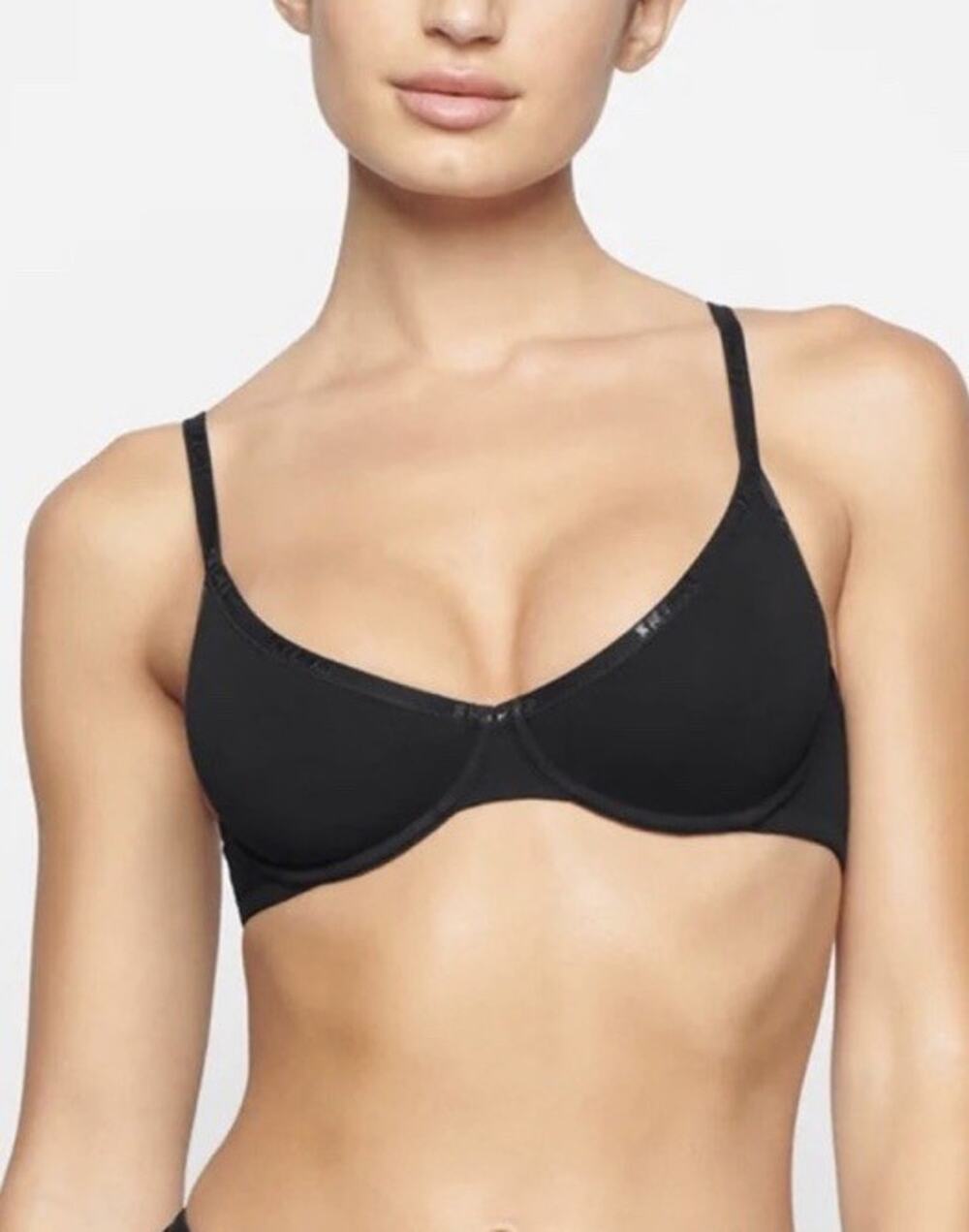 Skims Kim Kardashian Cotton Logo Underwire Demi Soft Bra Soot Black 36DDD
